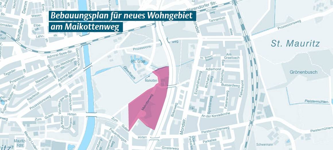 Am Maikottenweg in St. Mauritz soll ein neues Wohngebiet entstehen. Die Entwürfe zur Änderung des Flächennutzungsplans und zum Bebauungsplan sind ab dem 9. März erneut öffentlich einsehbar. Die Karte zeigt den Geltungsbereich des Bebauungsplans.