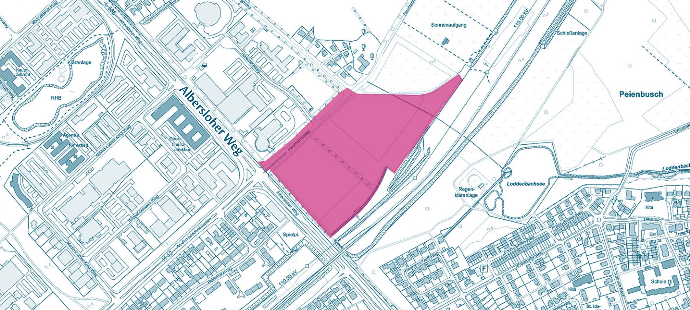 Auf einer Freifläche am Heumannsweg nordwestlich von Gremmendorf soll ein neues Gewerbegebiet entstehen. Die Karte zeigt den Bereich, für den ein entsprechender Bebauungsplan aufgestellt werden soll.